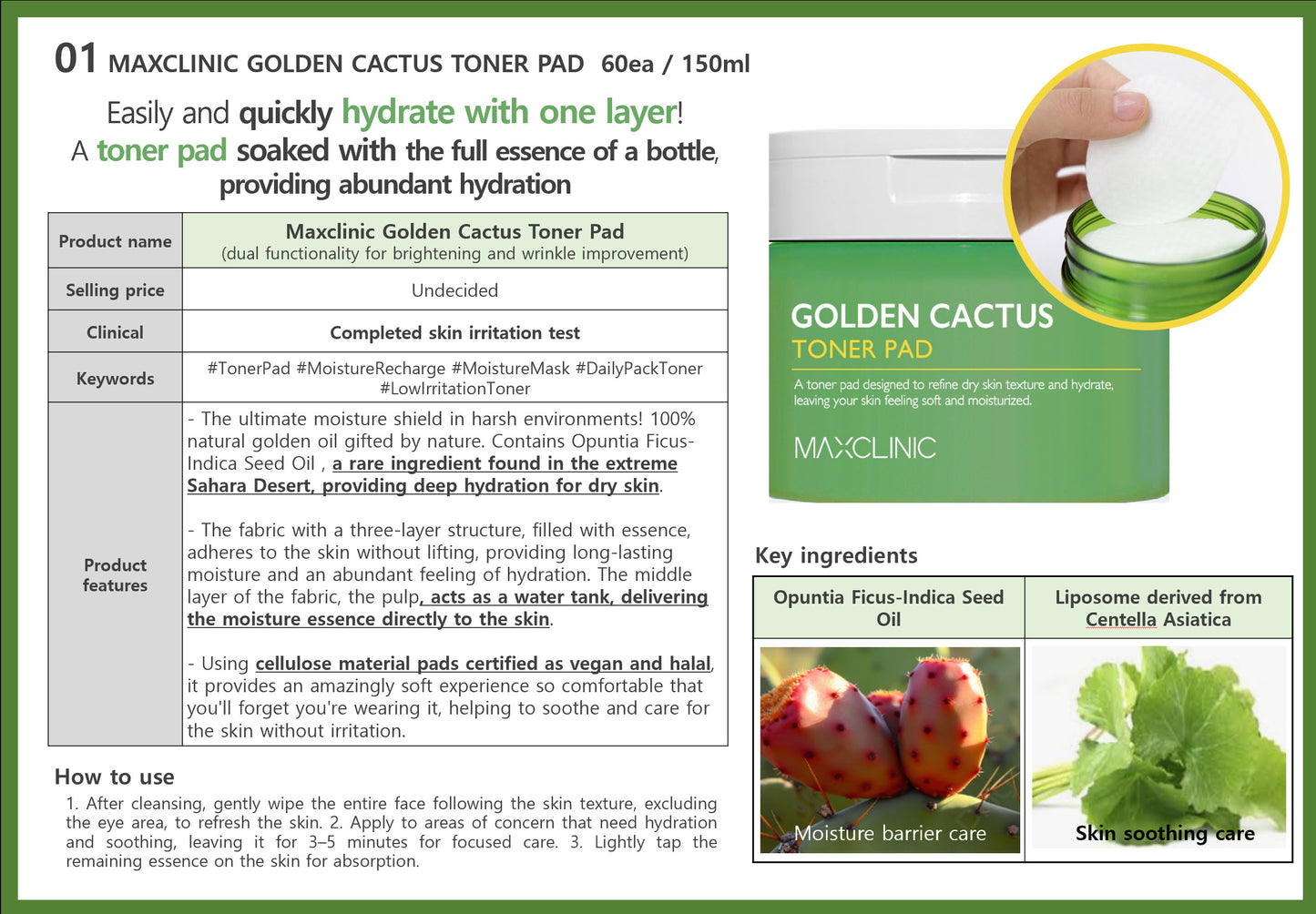 MAXCLINIC GOLDEN CACTUS TONER PAD 60ea 150ml